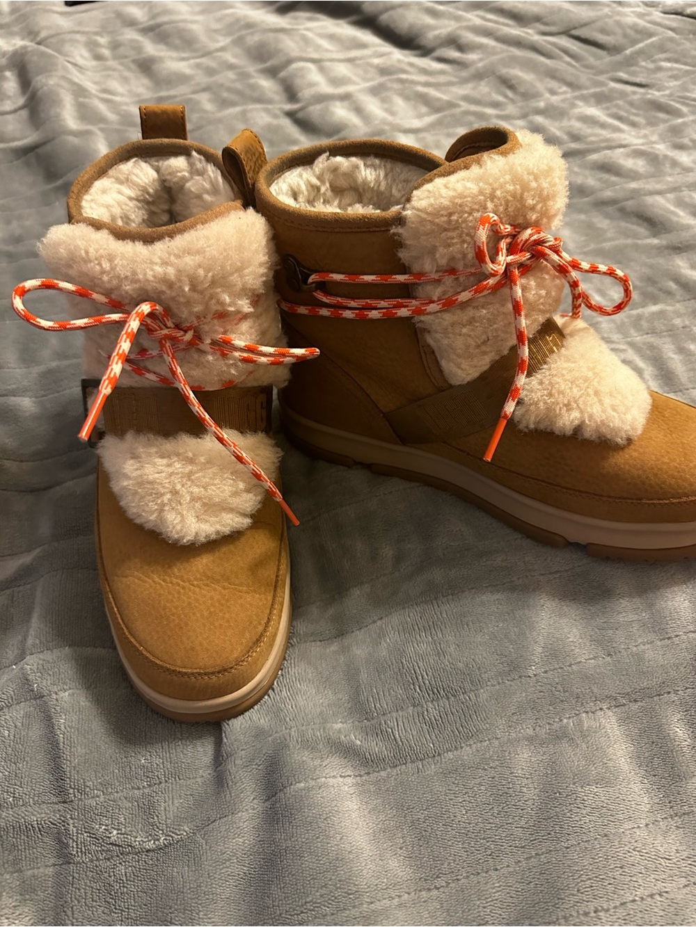 UGG Chestnut Shearling-Trim Winter Boots with Orange Accent Laces